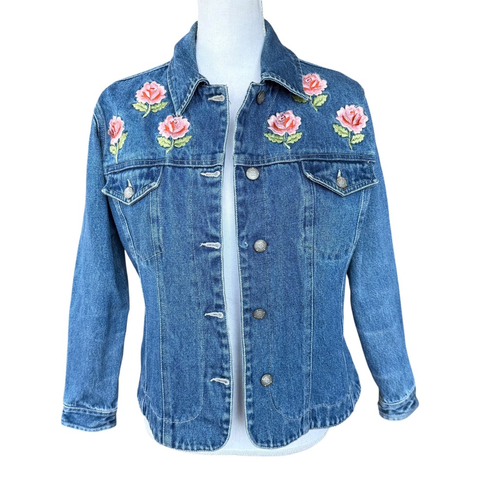 Bill Blass Petite Jeans Denim Jacket Blue Rose Embroidered Cotton Vintage PS‎